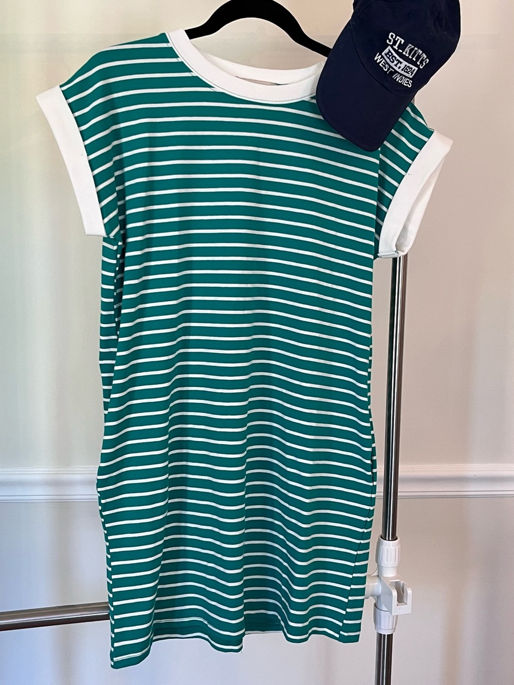 ZENANA Women’s Cotton knit Dress GREEN & WHITE Stripes /NEW SIZE SMALL